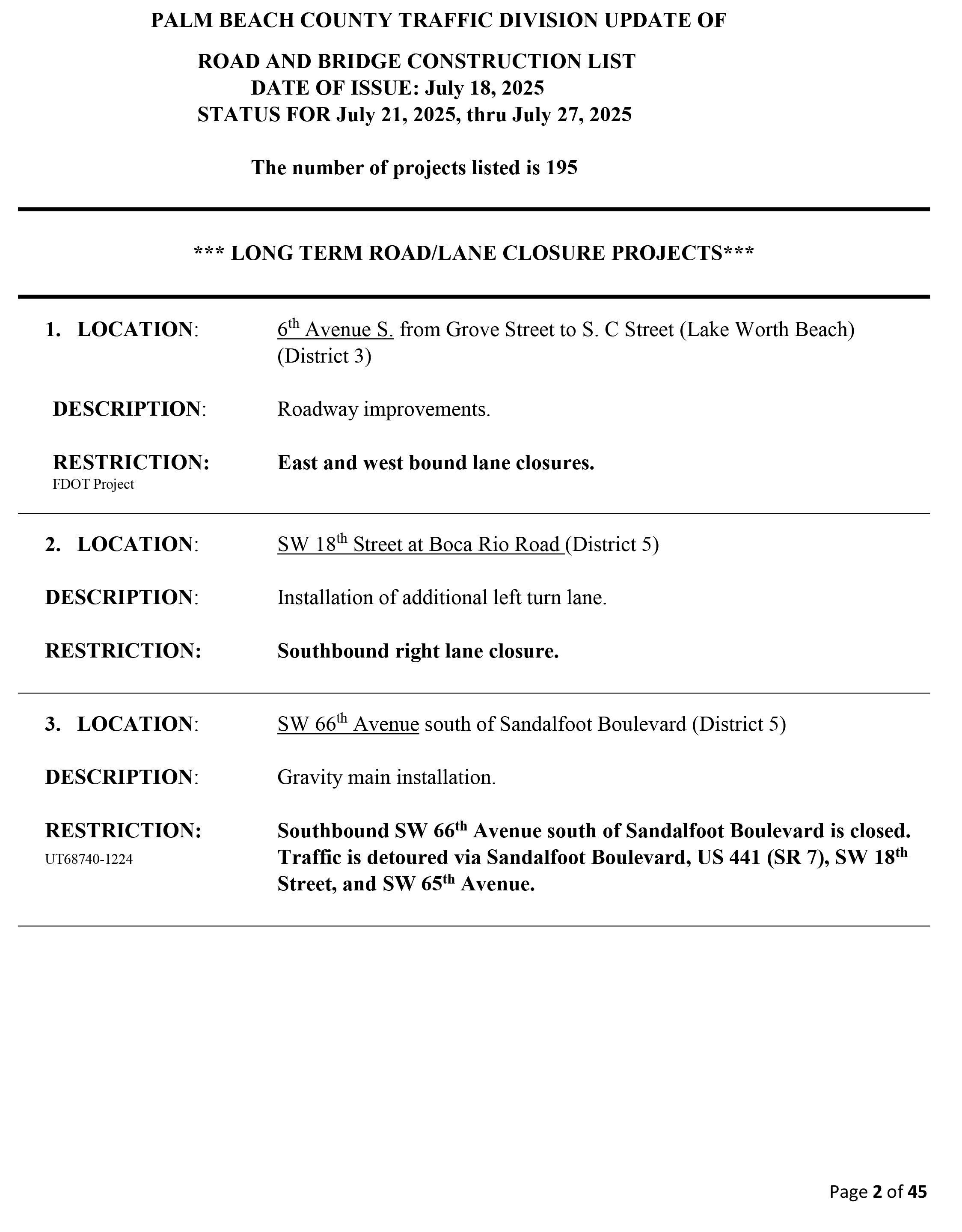 Road and Bridge Construction Report July 21-27