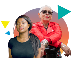 Mature Caucasian woman with a hip fashion style standing behind a young African American, Black woman in cool clothes