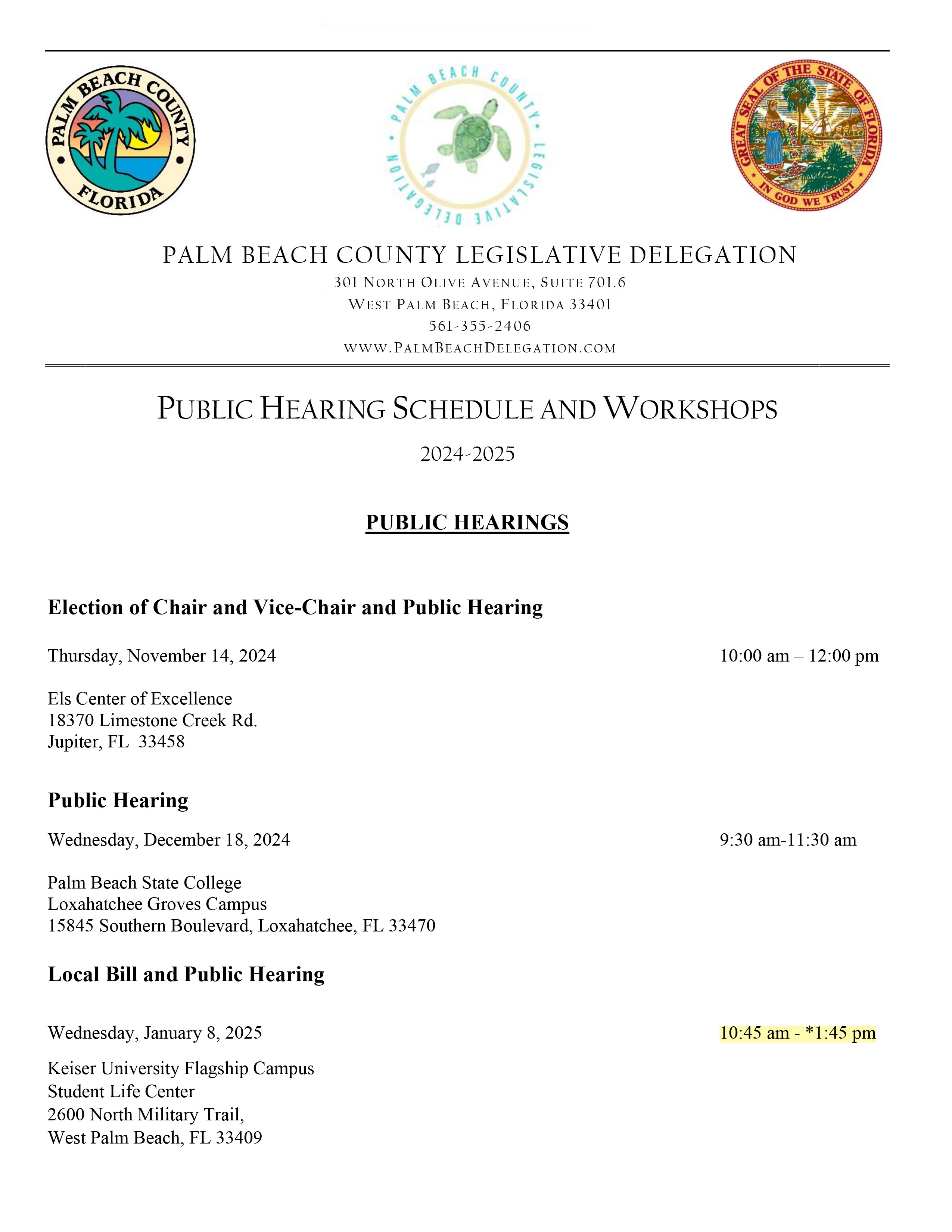 PBC Legislative Delegation Hearing and Workshop Schedule