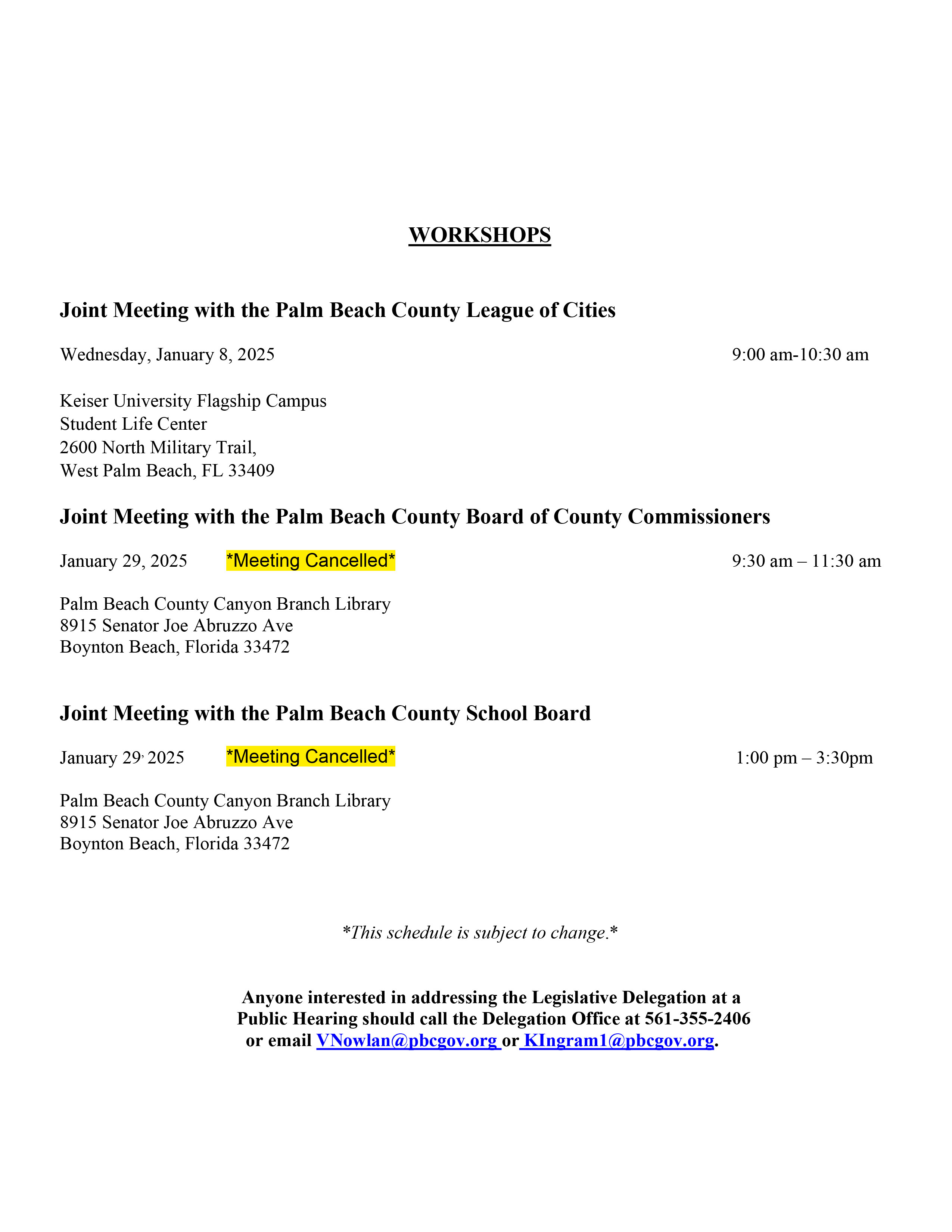 PBC Legislative Delegation Hearing and Workshop Schedule