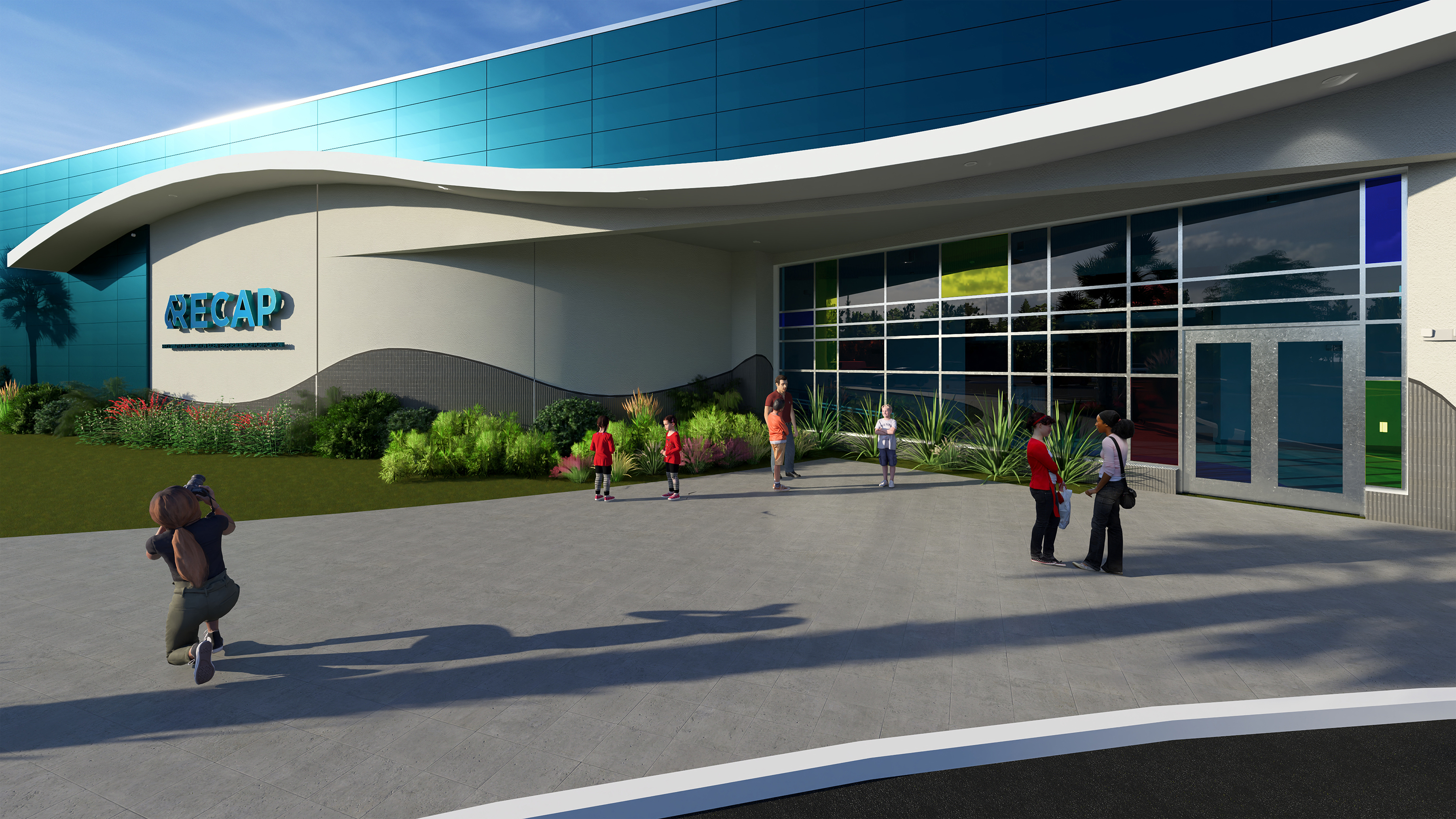 rendering showing a RECAP facade with a school bus in front of it