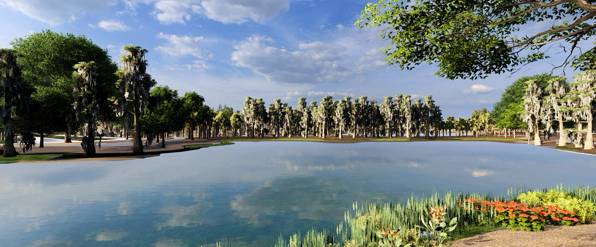 a pond at green cay with trees reaching out over the water